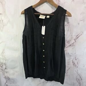 Anthropologie Top Womens Large Black Tank Blouse Button Peasant Maeve Pintucked